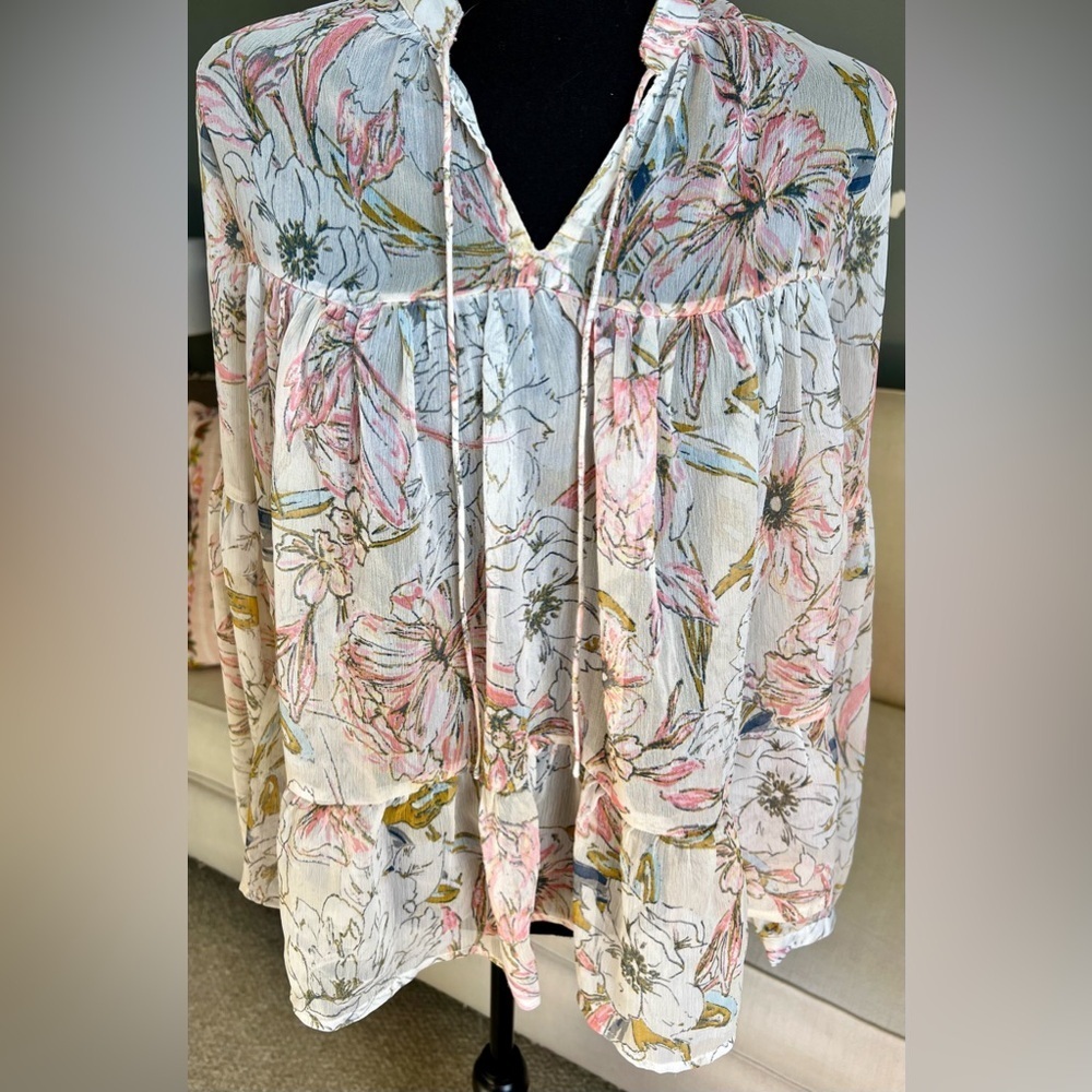 Lucky Brand Floral Peasant Blouse in White, Pink & Green